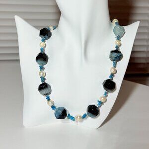 Handmade Blue Agate & Pearl Statement Necklace | Artisan Jewelry